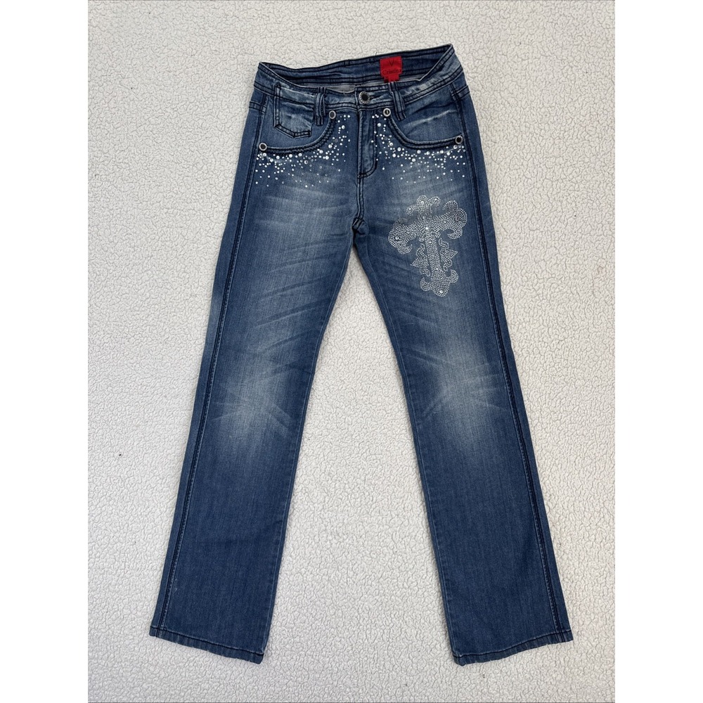 V Cristina Jeans Women Size 2 Blue Embellished Bling Cross Studded Straight Leg